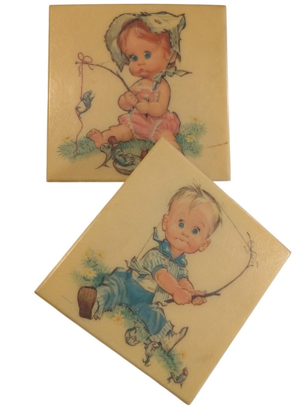 Vintage 1962 Pete Hawley Baby Boy Girl Wall Plaques Set of 2 Retro Nursery Decor